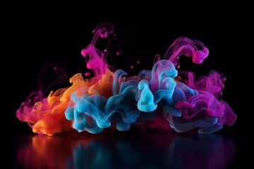 Floating colorful liquid with smoke on black background. Created using generative AI
