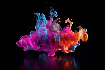 Floating colorful liquid with smoke on black background. Created using generative AI