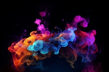 Floating colorful liquid with smoke on black background. Created using generative AI