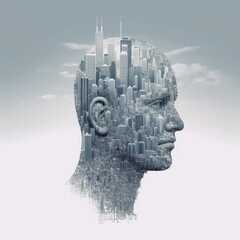 Skyscrapers inside of human's  head on gray background. Concept of AI technology. Created using Generative AI