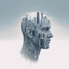 Skyscrapers inside of men head on gray background. Concept of AI technology. Created using Generative AI