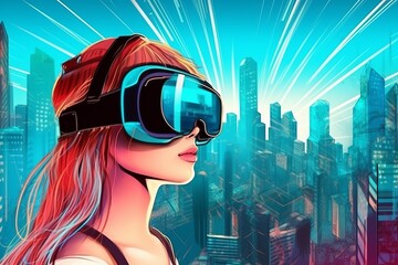 Young girl with VR goggles in front of modern big city skyscrapers as background. Cartoon style. Created using generative AI
