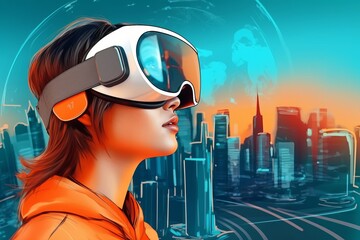 Girl with VR goggles looking into the future, modern big city skyscrapers as background. Created using generative AI
