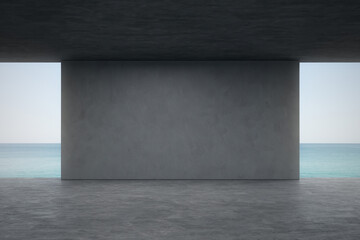 Empty concrete room with sea and sky background. 3d rendering of abstract interior space.