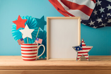 Happy Independence Day, 4th of July celebration concept with mock up frame and decorations on...