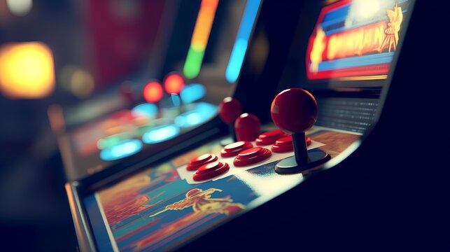 Arcade machine. This iconic symbol of video gaming culture represents the nostalgic era of coin operated entertainment. Retro design evoking fond memories. Generative AI