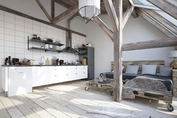 Obraz na płótnie Canvas Apartment interior with kitchen. 3d