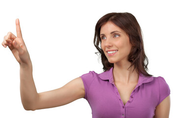 Young Woman Poiting Finger on Invisible Screen - Isolated