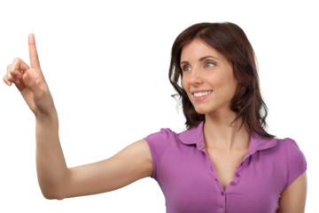 Young Woman Poiting Finger on Invisible Screen - Isolated