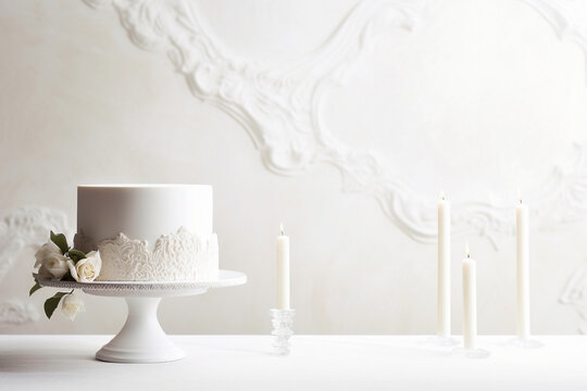  all white wedding cake table setting.