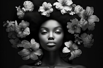 an african woman with flowers in her hair, black and white photo by alex vanderen for the new york times magazine - obrazy, fototapety, plakaty
