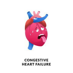 A tired and exhausted face on a heart or cardiac human body, representing congestive heart failure a chronic condition with symptoms like weakness, fatigue, and breathlessness