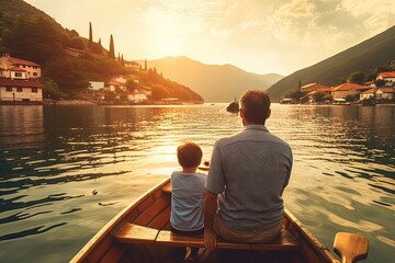 Father and son in boat on the lake at sunset, Montenegro
