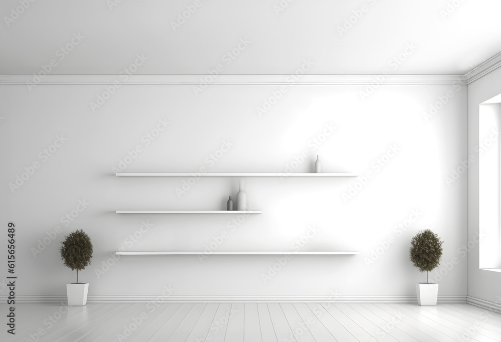 Poster creative interior concept. large blank empty minimal wall room with long shelf and natural shadow. b