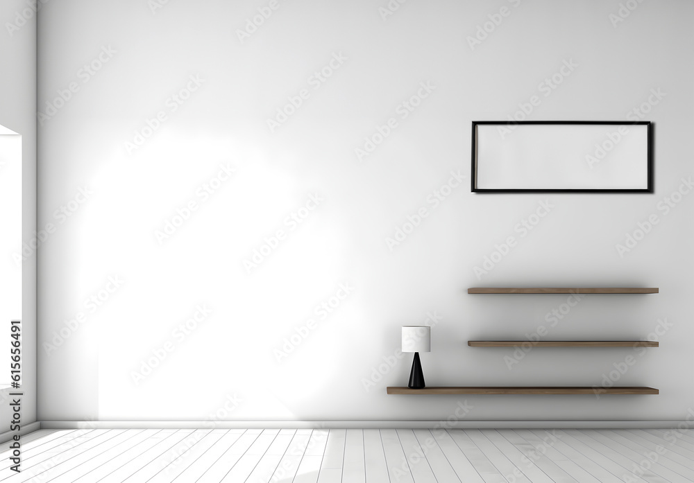 Poster creative interior concept. large blank empty minimal wall room with blank frame long shelf and natur
