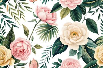 Nature's Elegance Watercolor Seamless Border with Green Gold Leaves, White Flowers, Roses, Peonies, and Branches for Wedding Stationery, Greetings, Wallpapers, Fashion, Backgrounds, Wrappers, and Card