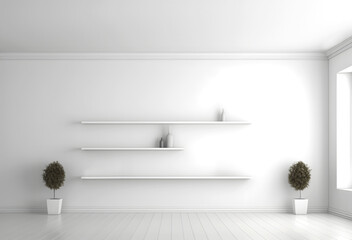 Creative interior concept. Large blank empty minimal wall room with long shelf and natural shadow. Banner template for product presentation. Mock up 3D rendering. copy text space