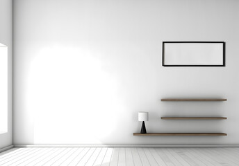 Obraz premium Creative interior concept. Large blank empty minimal wall room with blank frame long shelf and natural shadow. Banner template for product presentation. Mock up. copy text space