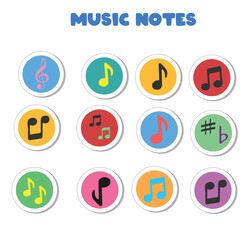 Colorful music notes flat vector set isolated on white background. Song, melody or tune vector illustration. Music note icon for musical apps and websites. Music symbol. Music pentagram.