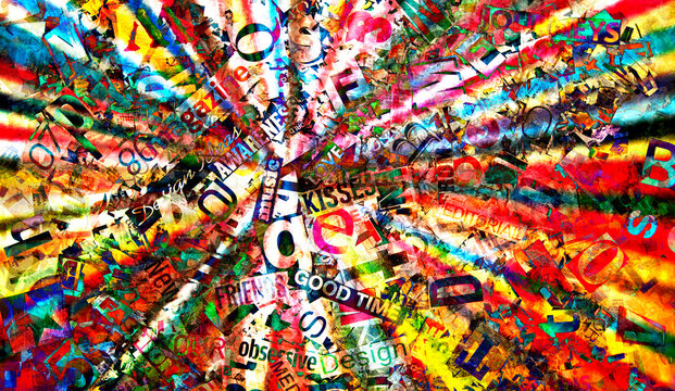 random leters  and word with rainbow colors background texture