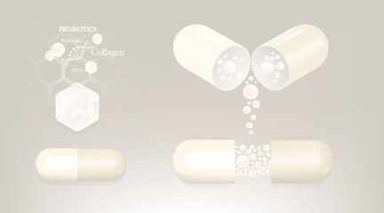 Probiotic and Hyaluronic acid skin solutions ad, white collagen and vitamin capsule, and vitamin serum drop with cosmetic advertising background ready to use illustration vector.