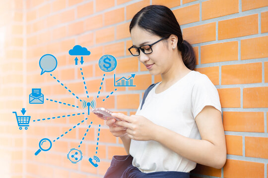 young student people enjoy using smart phone modern technology overlay connectivity lifestyle concept icon.