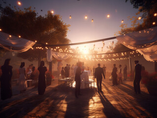 scene of a wedding party taking place during a beautiful sunset, Generative AI