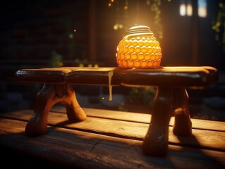 honey pot on top of a wooden table, Generative AI