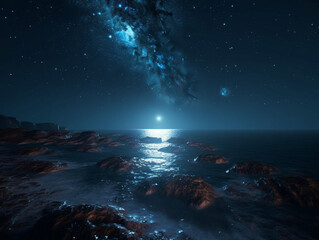 view to a starry sky at night, in the coastal part of a city, Generative AI