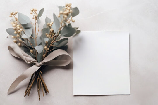 Blank greeting paper card, invitation mockup scene top view with eucalyptus tree branches. Elegant stationery on white table background