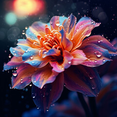 Colorful flower with water drop in macro shot, created using AI generative tools