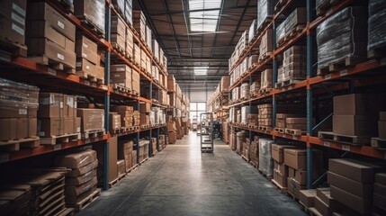 Obraz premium Large warehouse, Retail large warehouse full of Shelves with Goods in Cardboard Boxes. Generative Ai