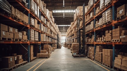 Large warehouse, Retail large warehouse full of Shelves with Goods in Cardboard Boxes. Generative Ai