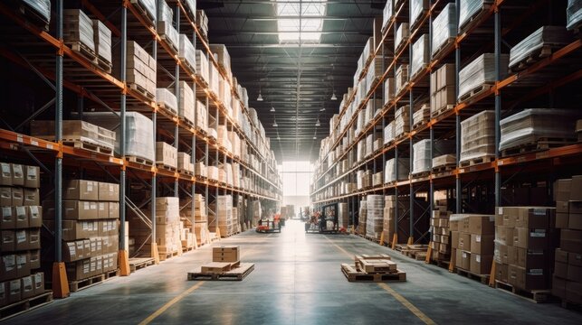 Large warehouse, Retail large warehouse full of Shelves with Goods in Cardboard Boxes. Generative Ai