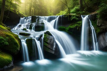 Waterfall in the between the hills in a green forest