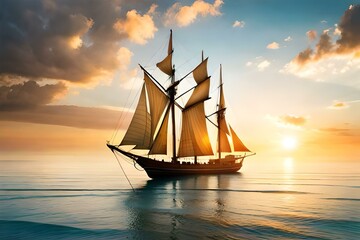 Fototapeta na wymiar Sailing boat in the middle of the ocean at the time of the sunset