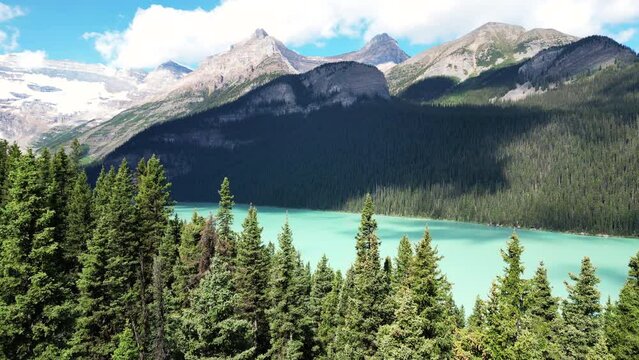 4K Drone Lake Louise and long trees in Banff National Park, AB, Canada