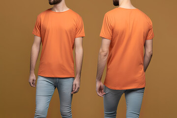 Photo realistic male orange t-shirts with copy space, front, and back view