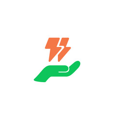 One hand holding thunder electric energy. Vector line icon black and white with green eco energy theme