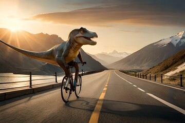 Dinosaurs running the bicycle and enjoying on its ride