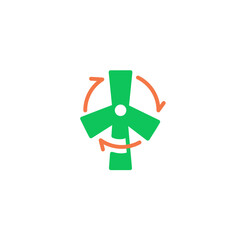 Wind turbines power plant . Vector line icon black and white with green eco energy theme