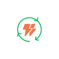 Cycle three arrow with thunder electric. Vector line icon black and white with green eco energy theme