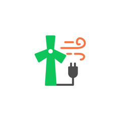 Wind turbines power plant and plug with wind energy. Vector line icon black and white with green eco energy theme