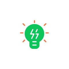 Lamp with thunder electric. Vector line icon black and white with green eco energy theme