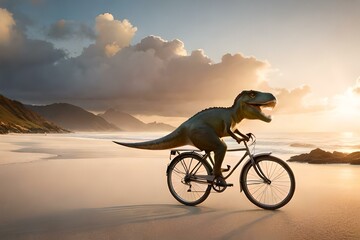 Fototapeta na wymiar Dinosaurs running the bicycle and enjoying on its ride