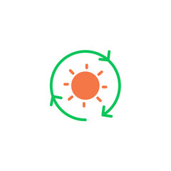 Cycle three arrow with sun. Vector line icon black and white with green eco energy theme