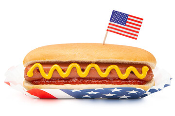 Hot Dog. Hot Dog with American US or USA Flag. Classic Hot Dog bun with pork or beef sausage, wiener or frankfurter and mustard, ketchup. Patriotic fast-food on July 4 Independence Day United States