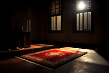 Fototapeta premium A red prayer rug in a dark room with light from a back window