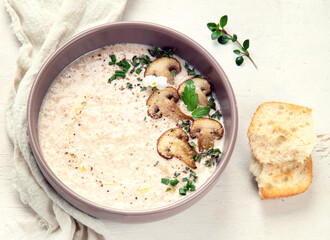 Mushroom cream soup. Healthy vegan dish. Top view.