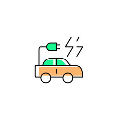 Car and plug with thunder electric. Vector line icon black and white with green eco energy theme